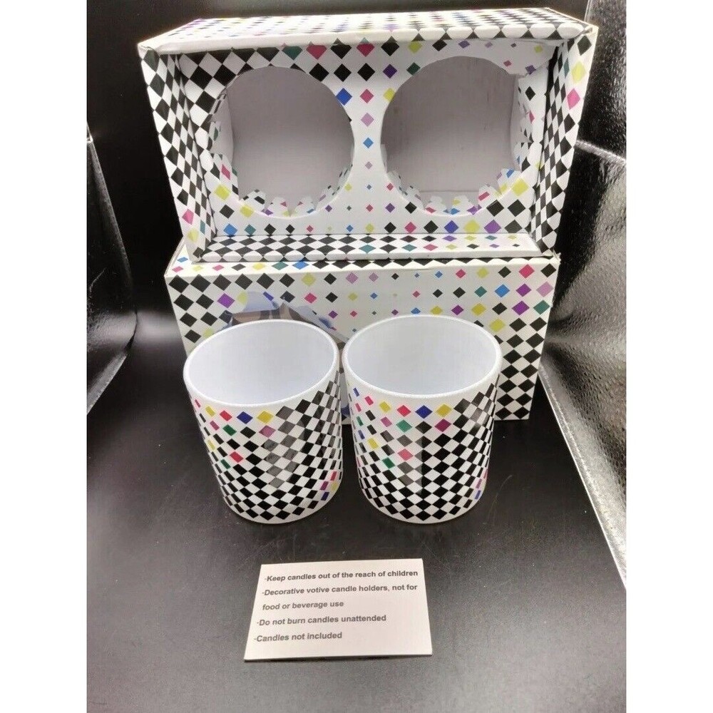 Set of 2 Bloomingdale's Glass Candle Holders Boxed Diamond Design Unused